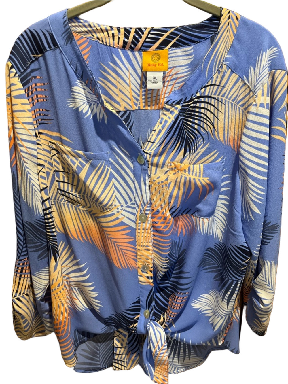 Ruby Rd. Blue Tropical Palm-Print Button Front Blouse